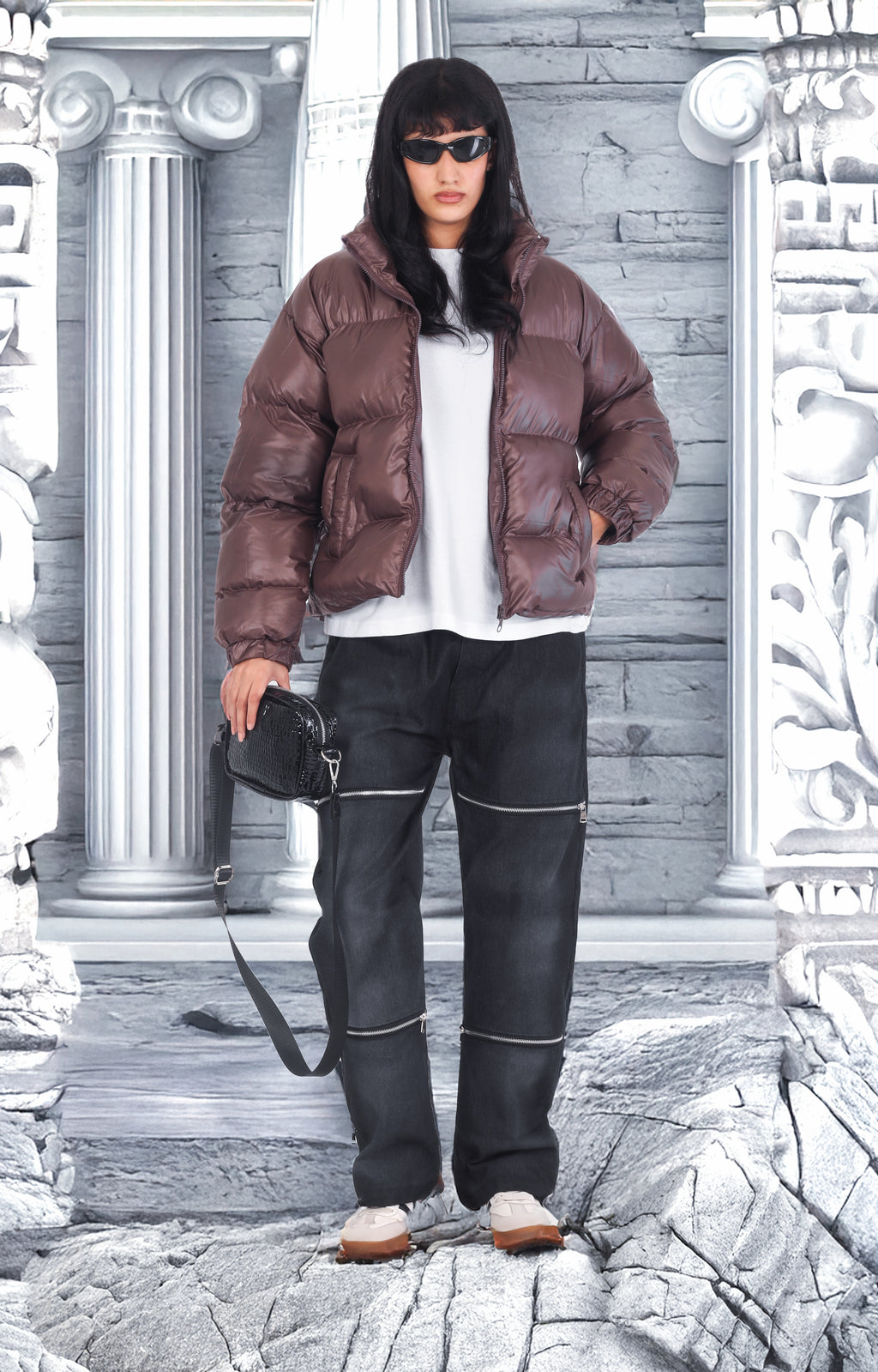 Chocolate brown leather effect puffer jacket