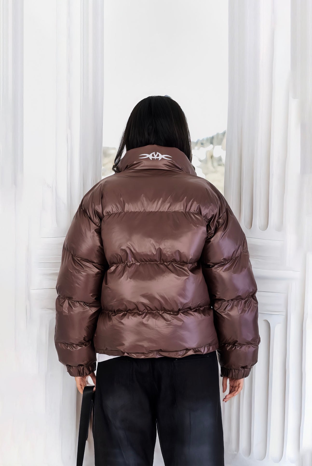 Chocolate brown leather effect puffer jacket