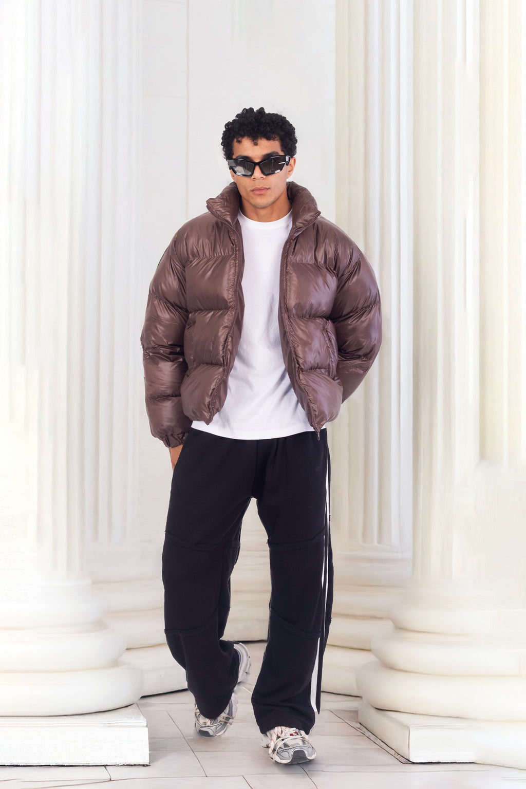 Chocolate brown leather effect puffer jacket