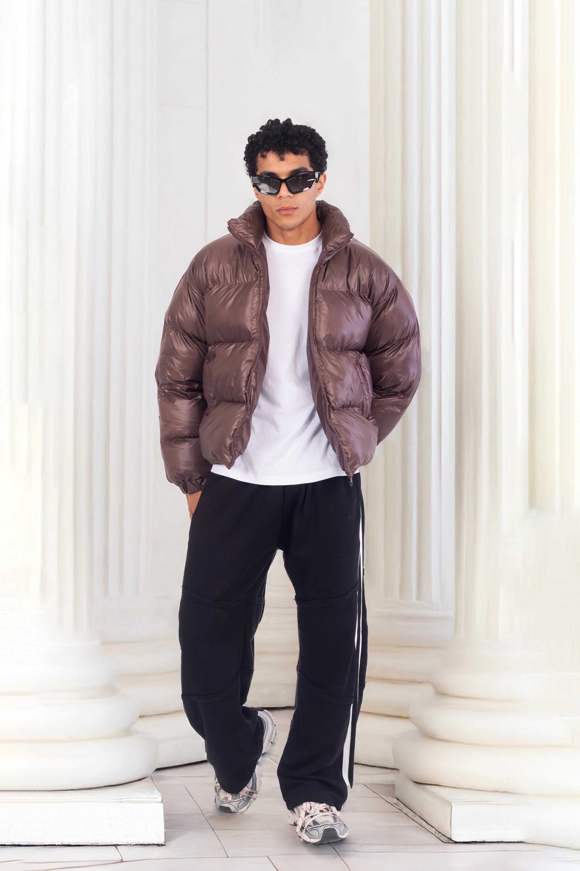 Chocolate brown leather effect puffer jacket