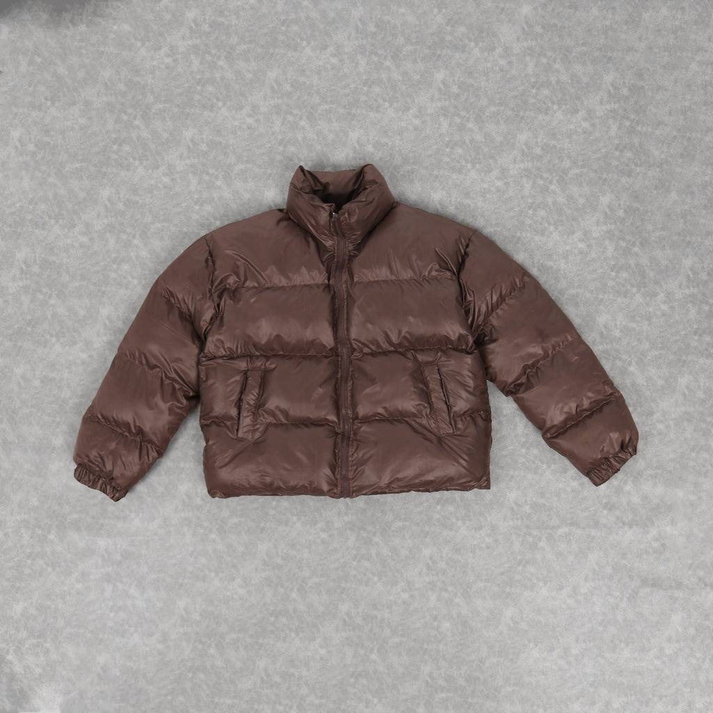 Chocolate brown leather effect puffer jacket